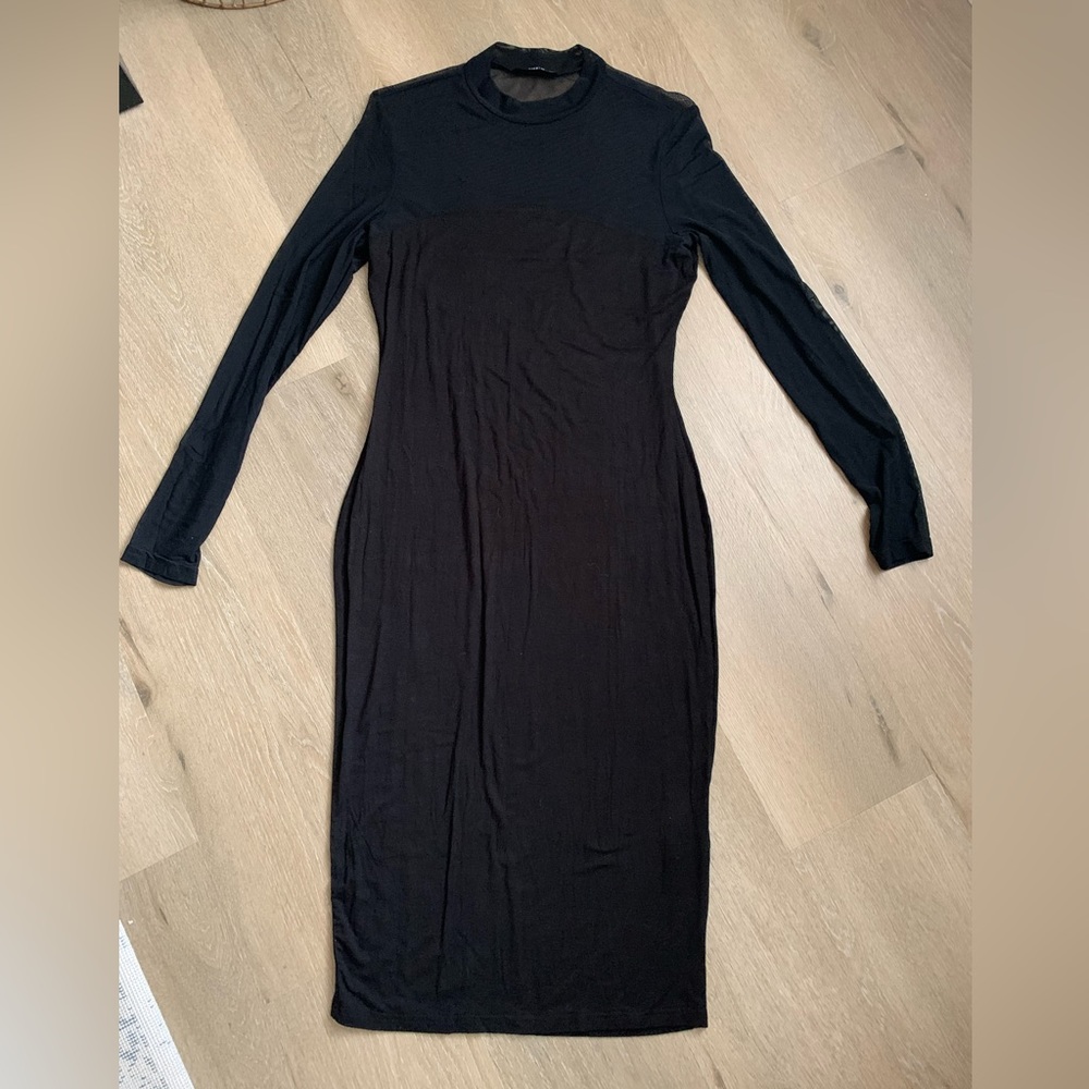 mixed fabric longsleeve midi dress